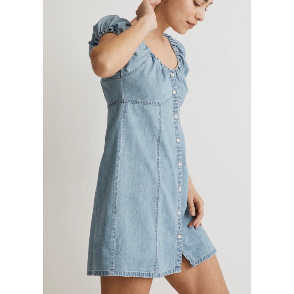 Madewell Denim Short Puff Sleeve Button Up Margie Mini Dress Bevy Wash Blue 12 - Picture 2 of 7